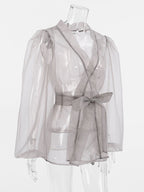 Shirt For Women Gray Stretch Pleated Lace Up V-Neck Casual Long Sleeves Tulle Tops