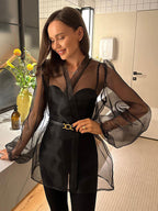 Shirt For Women Gray Stretch Pleated Lace Up V-Neck Casual Long Sleeves Tulle Tops