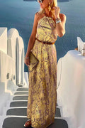 Halter Sleeveless Waisted Printed Holiday Dress