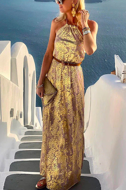 Halter Sleeveless Waisted Printed Holiday Dress