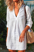 V Neck Long Sleeve Cotton Linen Dress