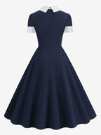 Vintage 1950s Swing Cocktail Dress for Women - V Neck Short Sleeve A-Line Ruched Bust Rockabilly Midi Gown - Wedding Guest 2026