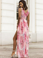 Floral Chiffon Maxi Dress for Women - Flowy V Neck High Slit Wrap Style Date Night Dress - Summer Garden Wedding Guest 2026