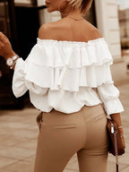 Long Sleeves Tees White Ruffles Bateau Neck Women T Shirt