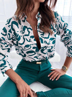 Blouse For Women Dark Green V-Neck Casual Color Block Long Sleeves Tops