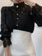 Blouse For Women Pink Lace Cut Out High Collar Casual Long Sleeves Lace Tops