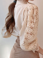 Blouse For Women Pink Lace Cut Out High Collar Casual Long Sleeves Lace Tops