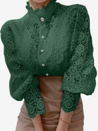 Blouse For Women Pink Lace Cut Out High Collar Casual Long Sleeves Lace Tops