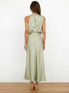 Stain Midi Party Dress Halter Sleeveless Bridesmaid Dress In Burgundy