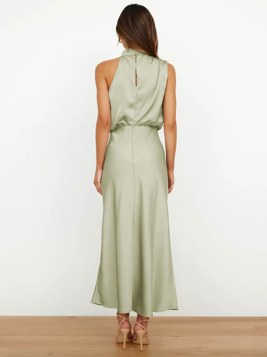 Stain Midi Party Dress Halter Sleeveless Bridesmaid Dress In Burgundy