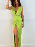 Maxi Dress V-Neck Sleeveless Sexy High-slit Pleated Floor Length Dress