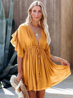 Boho Chic Women Babydoll Mini Dress - Ruffle Sleeve V Neck Button Front - Summer Beach Resort 2026
