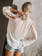 Blouse For Women White Sheer Flowers Embroidered Bohemian Long Sleeves Tops