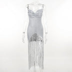 Solid ruched textured glitter tassels backless mini dress