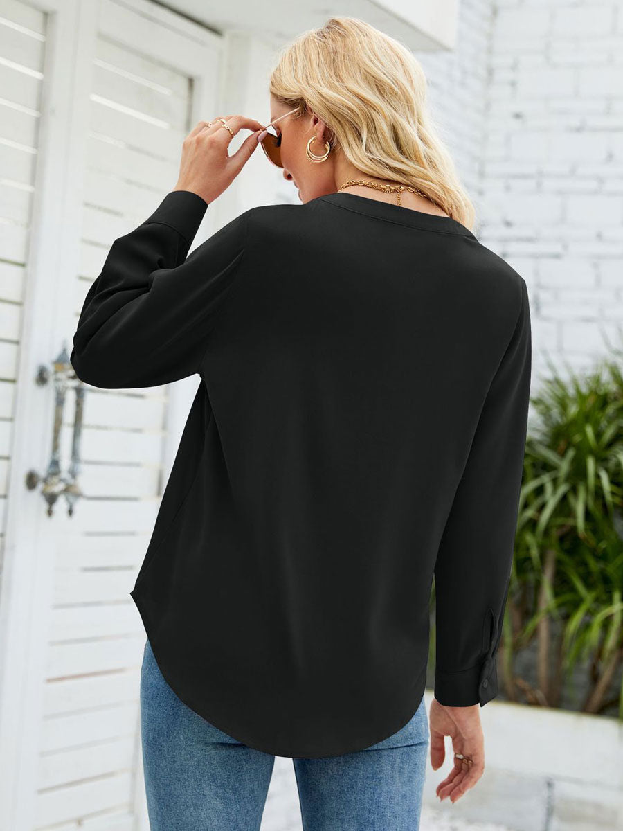 Long Sleeves Tees White Chiffon V-Neck Women T Shirt