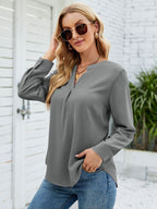 Long Sleeves Tees White Chiffon V-Neck Women T Shirt