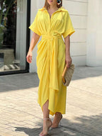 Shirt Midi Dress Pink Turndown Collar Pleated Short Sleeves Layered Dresses