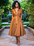 Midi Shirt Dresses Orange Stand Collar Sash Short Sleeves Layered Dress