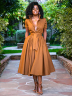 Midi Shirt Dresses Orange Stand Collar Sash Short Sleeves Layered Dress