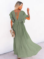 Boho Maxi Dress for Women - Deep V Neck Ruffle Sleeve Drawstring Waist Long Gown With Pockets - Summer Beach Vacation 2026