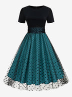 Retro Glamour Dress 1950s Style Jewel Neck Layered Short Sleeves Medium Polka Dot Rockabilly Dress
