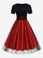 Retro Glamour Dress 1950s Style Jewel Neck Layered Short Sleeves Medium Polka Dot Rockabilly Dress