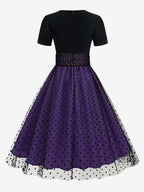Retro Glamour Dress 1950s Style Jewel Neck Layered Short Sleeves Medium Polka Dot Rockabilly Dress