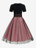 Retro Glamour Dress 1950s Style Jewel Neck Layered Short Sleeves Medium Polka Dot Rockabilly Dress