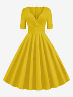 Vintage 1950s Swing Cocktail Dress for Women - V Neck Short Sleeve A-Line Ruched Bust Rockabilly Midi Gown - Wedding Guest 2026