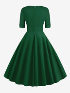 Vintage 1950s Swing Cocktail Dress for Women - V Neck Short Sleeve A-Line Ruched Bust Rockabilly Midi Gown - Wedding Guest 2026
