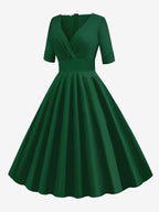 Vintage 1950s Swing Cocktail Dress for Women - V Neck Short Sleeve A-Line Ruched Bust Rockabilly Midi Gown - Wedding Guest 2026