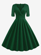 Vintage 1950s Swing Cocktail Dress for Women - V Neck Short Sleeve A-Line Ruched Bust Rockabilly Midi Gown - Wedding Guest 2026