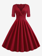 Vintage 1950s Swing Cocktail Dress for Women - V Neck Short Sleeve A-Line Ruched Bust Rockabilly Midi Gown - Wedding Guest 2026