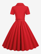 Retro Glamour Dress 1950s Style V-Neck Buttons Layered Short Sleeves Medium Rockabilly Dress