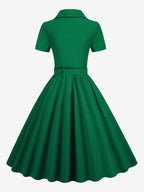 Retro Glamour Dress 1950s Style V-Neck Buttons Layered Short Sleeves Medium Rockabilly Dress