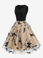 Retro Glamour Dress 1950s Black Two-Tone Layered Embroidered Sleeveless V-Neck Rockabilly Dress