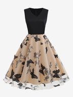 Retro Glamour Dress 1950s Black Two-Tone Layered Embroidered Sleeveless V-Neck Rockabilly Dress