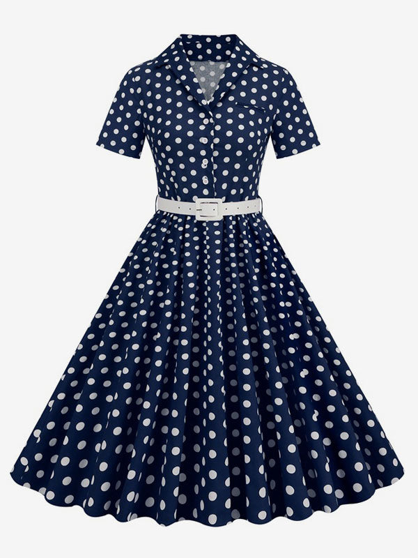 Retro Glamour Dress 1950s Style Turndown Collar Buttons Short Sleeves Polka Dot Swing Dress