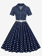 Retro Glamour Dress 1950s Style Turndown Collar Buttons Short Sleeves Polka Dot Swing Dress
