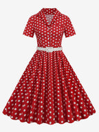 Retro Glamour Dress 1950s Style Turndown Collar Buttons Short Sleeves Polka Dot Swing Dress
