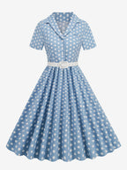 Retro Glamour Dress 1950s Style Turndown Collar Buttons Short Sleeves Polka Dot Swing Dress