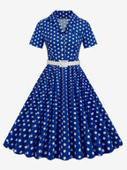 Retro Glamour Dress 1950s Style Turndown Collar Buttons Short Sleeves Polka Dot Swing Dress