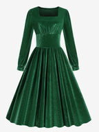 Vintage Glamour Dress 1950s Black Long Sleeves Square Neck Rockabilly Dress