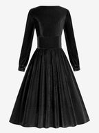 Vintage Glamour Dress 1950s Black Long Sleeves Square Neck Rockabilly Dress
