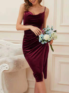 Birthday Party Dresses Burgundy Straps Neck Pleated Sleeveless Low-slit Prom Midi Dress