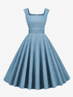Retro Glamour Dress 1950s Style Baby Blue Piping Sleeveless Square Neck Medium Rockabilly Dress