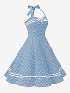 Retro Glamour Dress 1950s Aquatic Plaid Backless Buttons Sleeveless Sweetheart Neck Medium Rockabilly Dress