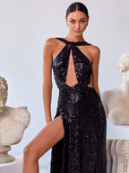 Sexy Dresses Halter Sequins Sleeveless Cutout High-slit Open Back Maxi Dress