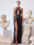 Sexy Dresses Halter Sequins Sleeveless Cutout High-slit Open Back Maxi Dress
