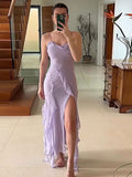 Summer Dress Straps Neck Pleated Layered Lavender Long Beach Dress